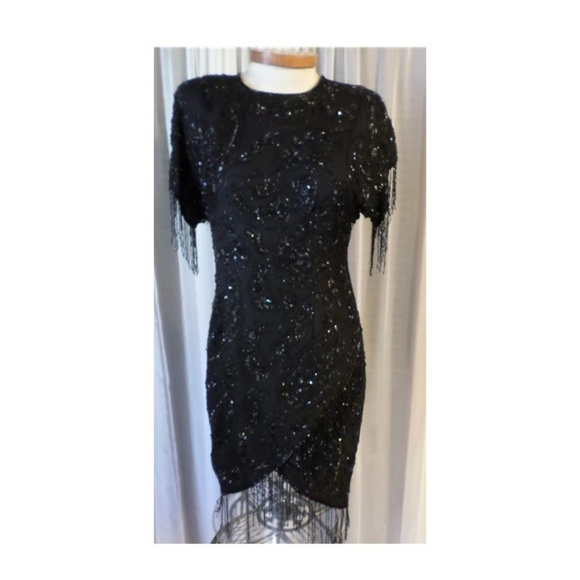 Vintage Laurence Kazar Silk Dress Black Fringe M - Picture 2 of 8